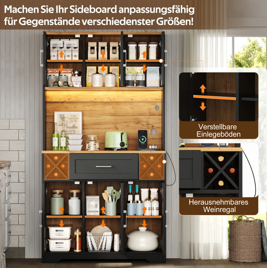 Credenza alta da cucina con LED RGB e presa 105x40x180 cm in MDF; naturale e nero