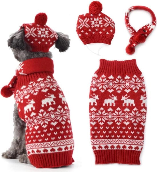 Set di maglie per cani, cappuccio sciarpa, maglia per cani, maglia per cani, mantello per cani, mantello per cani, mantello per cani, colore rosso, rendimento caldo invernale (L, rosso)