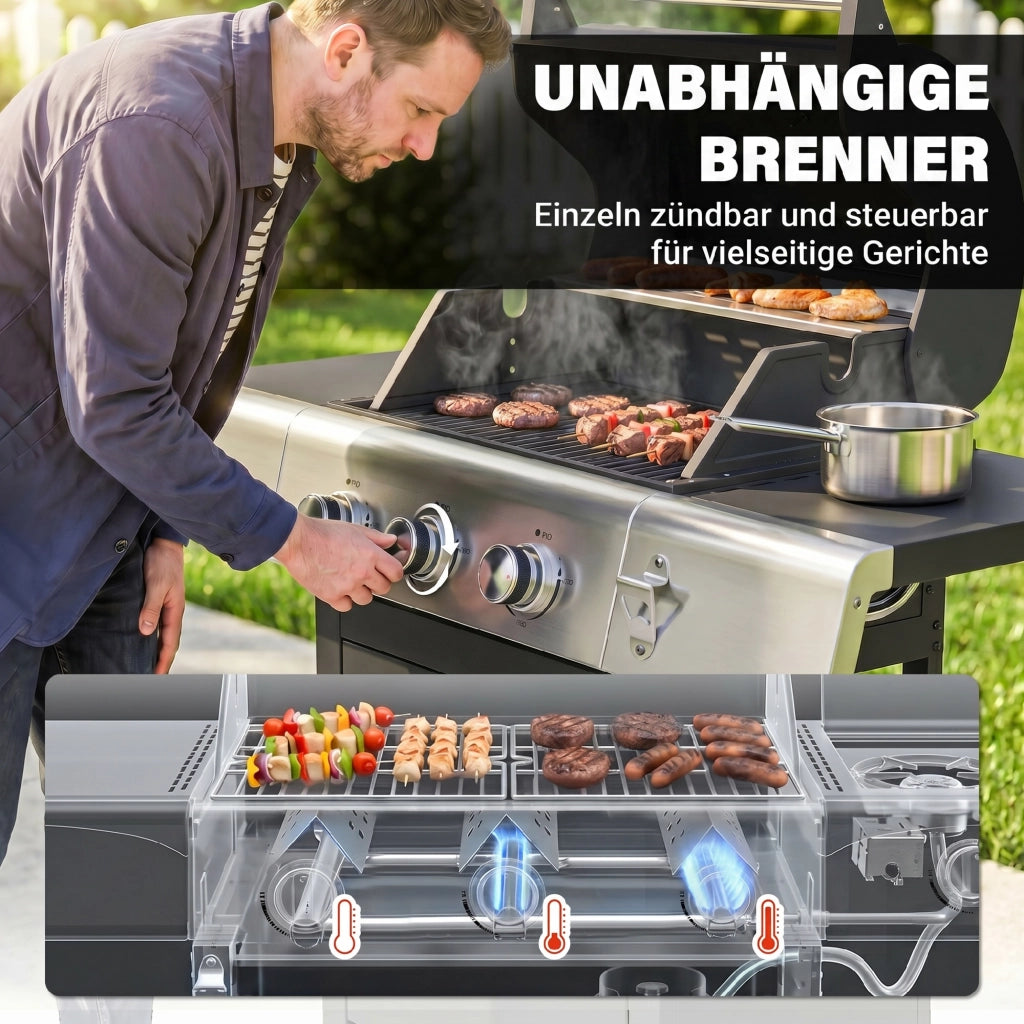 Barbecue a Gas 3 Bruciatori 8.1 kW con Termometro Griglia Armadio e Ruote ¨C Zephmum ¨C 109x50x109 cm Nero