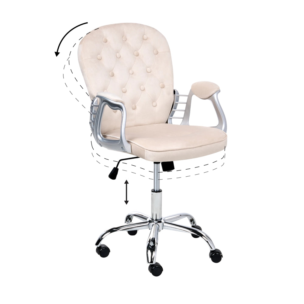 Sedia da ufficio in velluto beige con altezza regolabile e schienale trapuntato stile retrò moderno