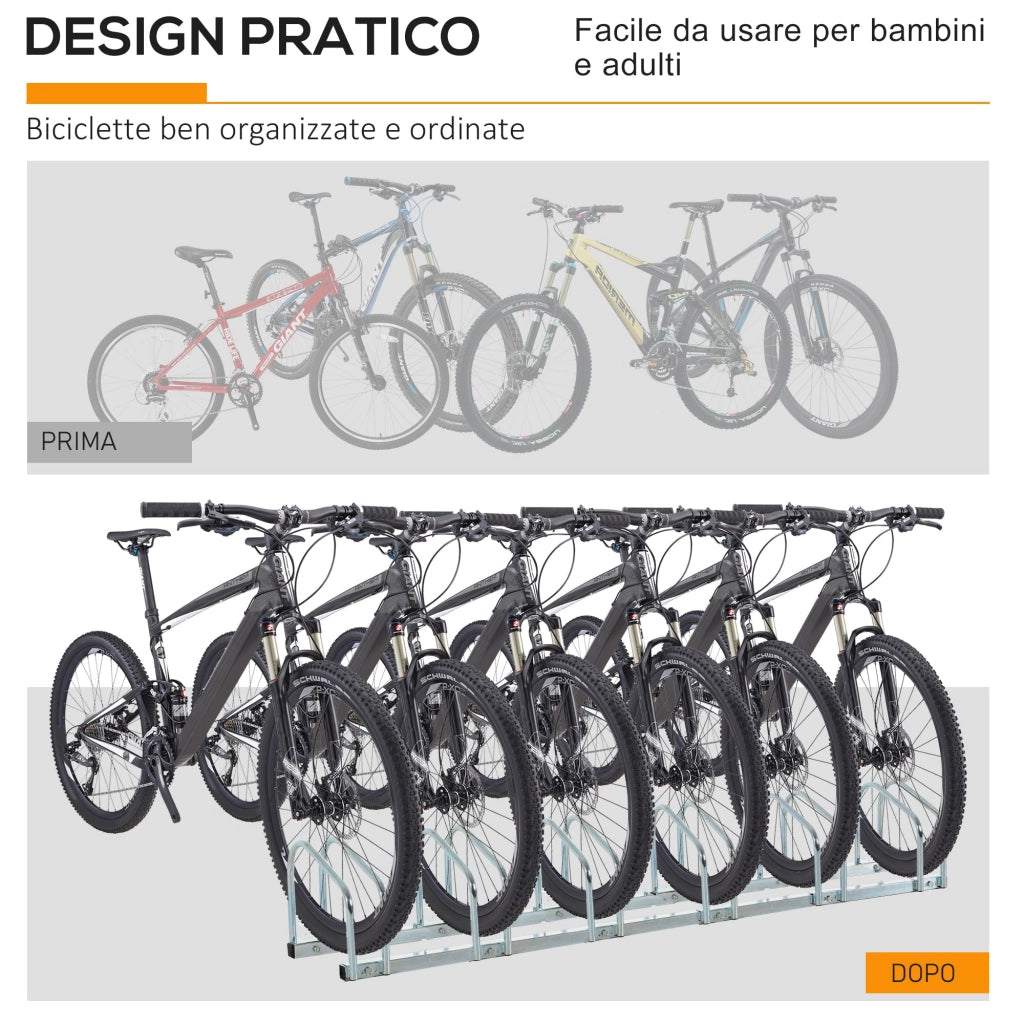 Rastrelliera Porta Biciclette 6 Posti 179x33x27 cm in Acciaio Argento