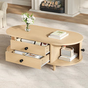 Tavolino da salotto 100x50x36 cm con ante scorrevoli e 2 cassetti in MDF naturale