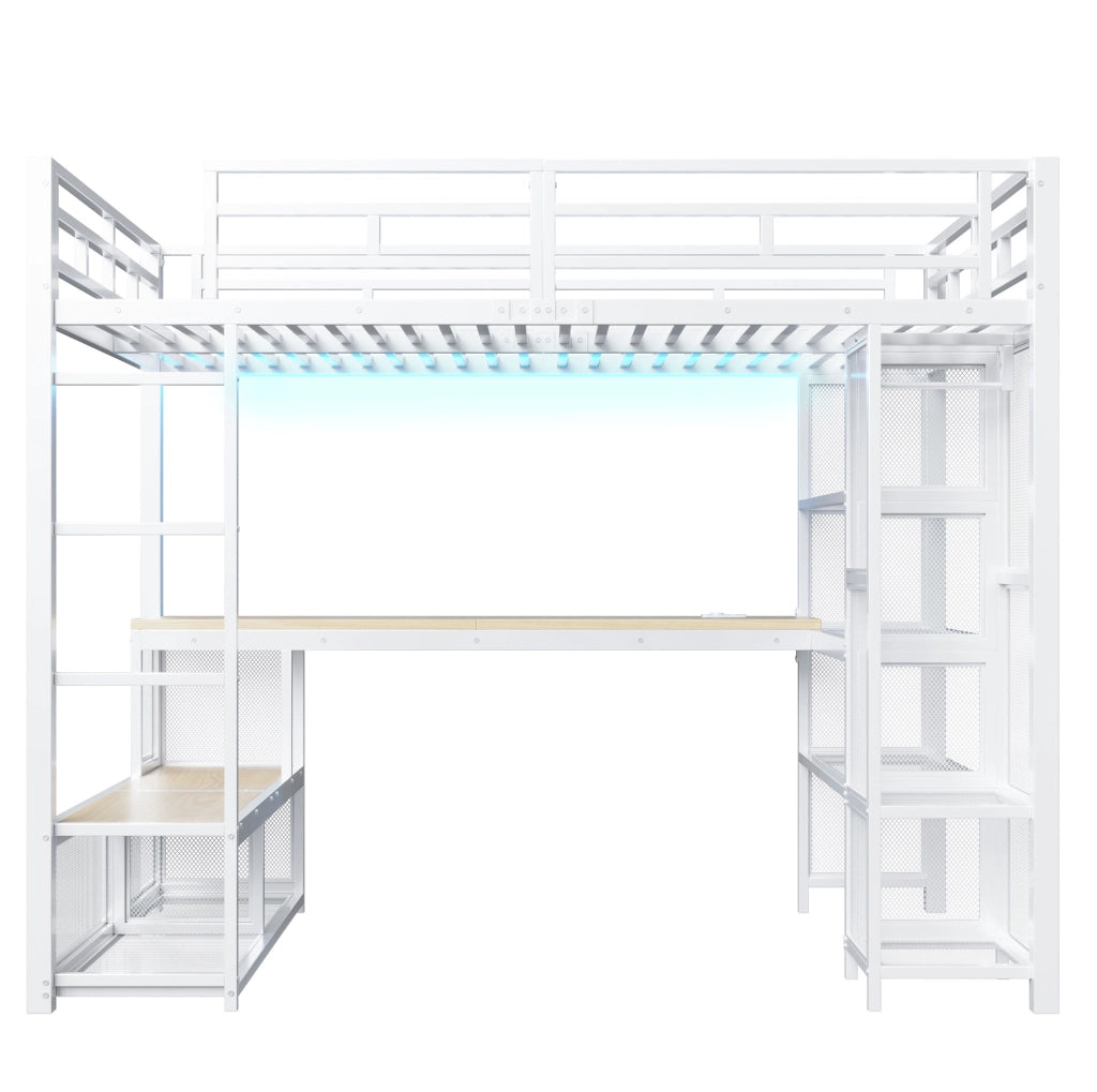 Letto a soppalco 140x200 cm con scrivania; LED e armadio aperto in metallo e MDF bianco