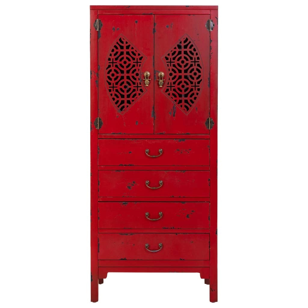Mobiletto in legno con 4 cassetti e 2 ante rosso 60x40x140h cm