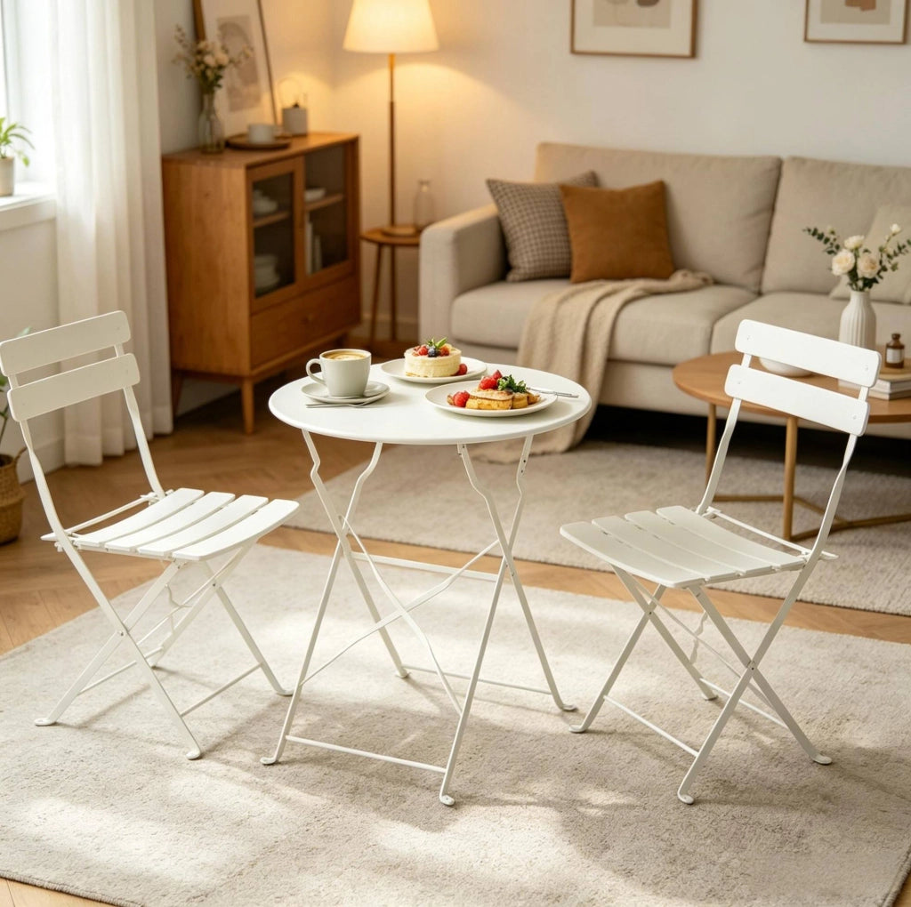 Set da bistrot da giardino pieghevole 3 pezzi in metallo; crema