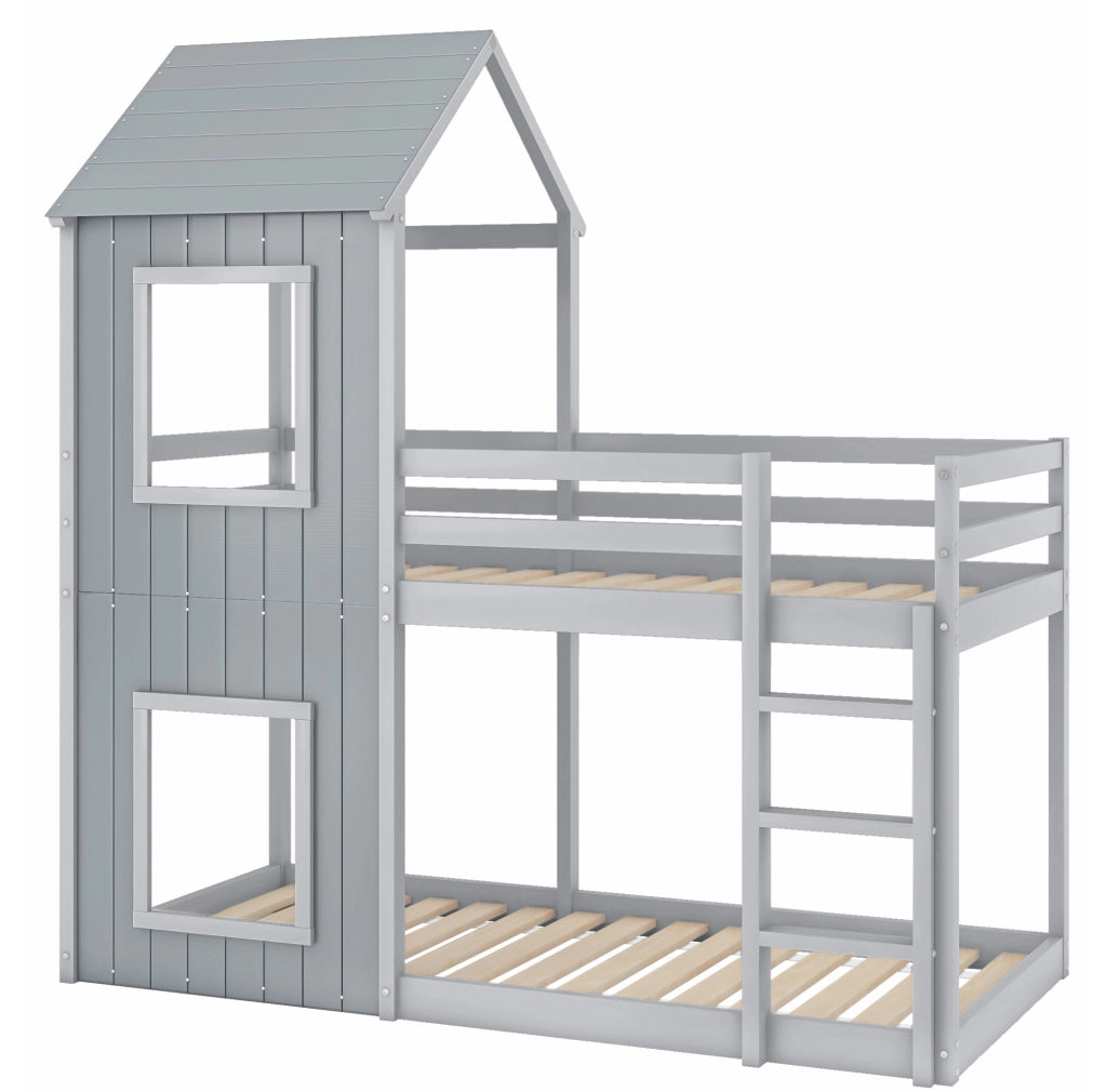 Letto a castello 90x200 cm; con sponda di sicurezza; legno; grigio (Senza materasso)
