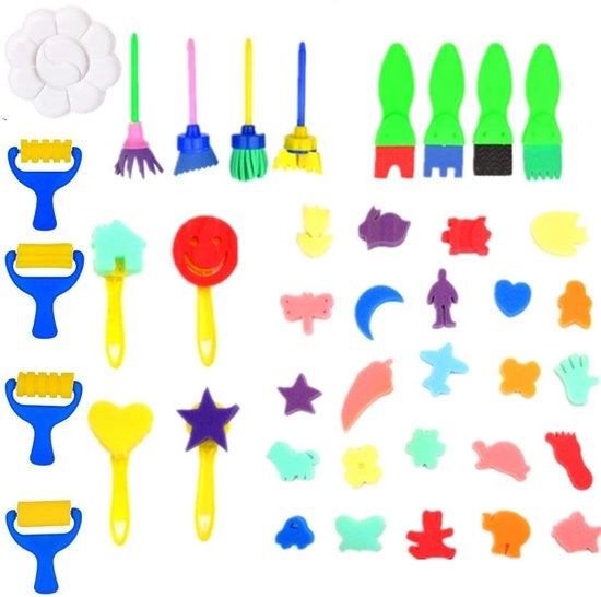 Set di pennelli per pittura a spugna - 40pz Schilderinsieme - Arte creativa - Acqua e acrilico - Adatto a bambini - Strumenti colorati per bambini