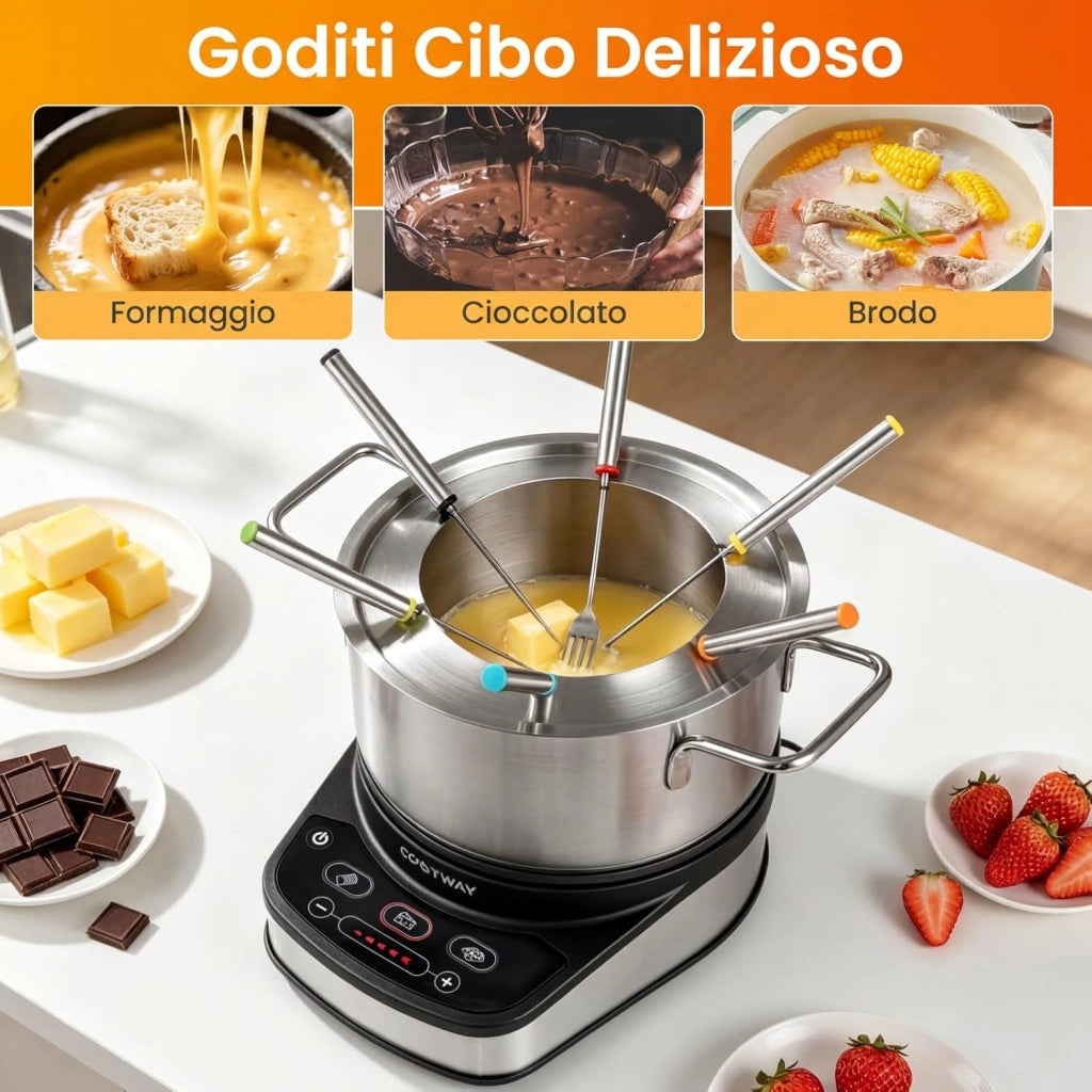 COSTWAY 3 L Set Fonduta Elettrica, Fondue per Formaggio, Bourguignonne, Cioccolato con 6 Forchette, Pentola Antiaderente e Paraspuzzi, Temperatura Regolabile, in Acciaio Inox, Rimovibile e Lavabile