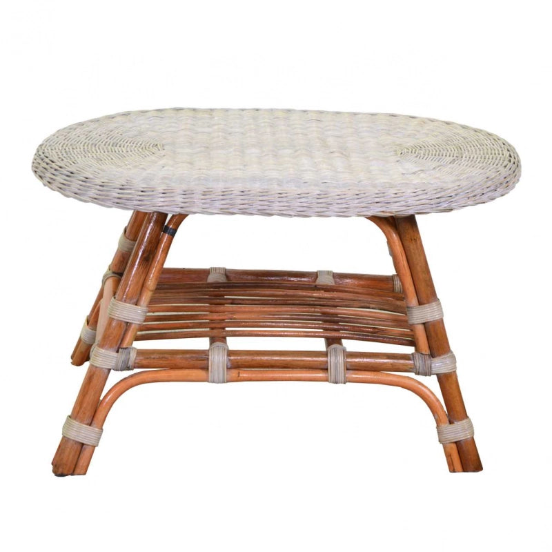 Tavolino rattan lucrezia sbiancato gambe miele ovale cm 74x52h45