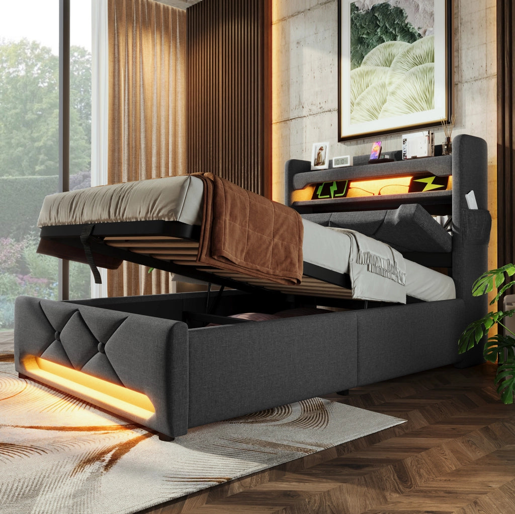 Letto singolo contenitore 90x200 cm con LED; USB e USB C; tessuto in lino grigio