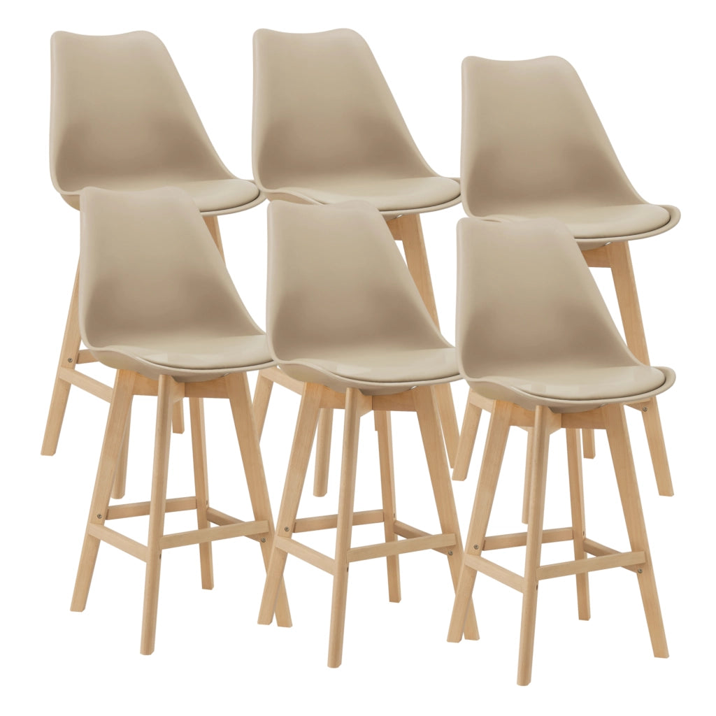 Set Lublin di 6 Sgabelli da Bar con Seduta Imbottita e Gambe in Faggio - Beige [en.casa]