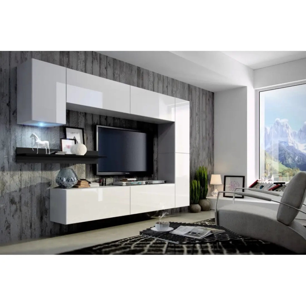 Set di mobili da salotto bianchi sospesi collezione CEPTO VI 256 cm, 7 porte, mensola nera, LED, modulari