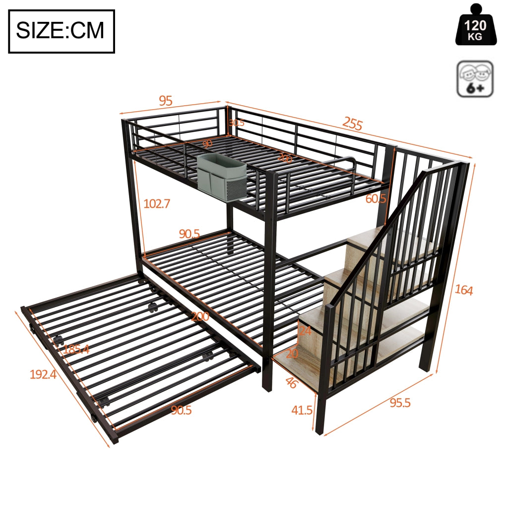 Letto a Castello 90x200 cm e 180x200 cm; con Letto Estraibile; Tasche in Tessuto; in Metallo; Nero