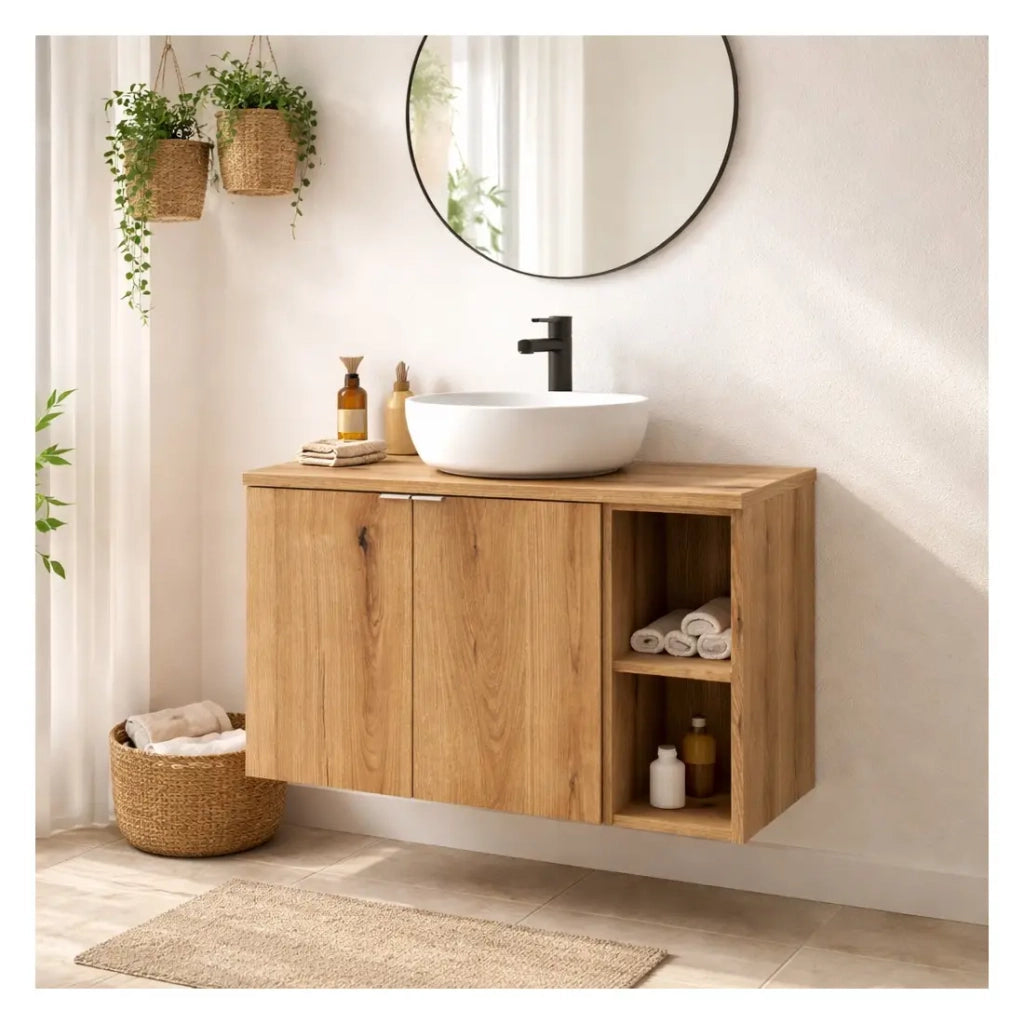 Set bagno sospeso VANO finitura quercia 80cm: mobile sotto lavabo con armadietti + nicchie a vista + piano per lavabo