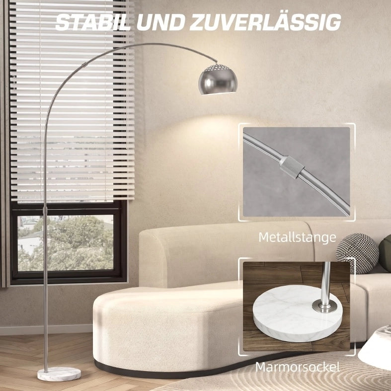 Lampada da terra ad arco argentata con base in marmo, 167 cm
