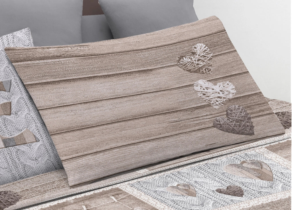 Completo Lenzuola Linea Pensieri Delicati 100% Cotone Disegno Shabby Love - Piazza E Mezza - Beige