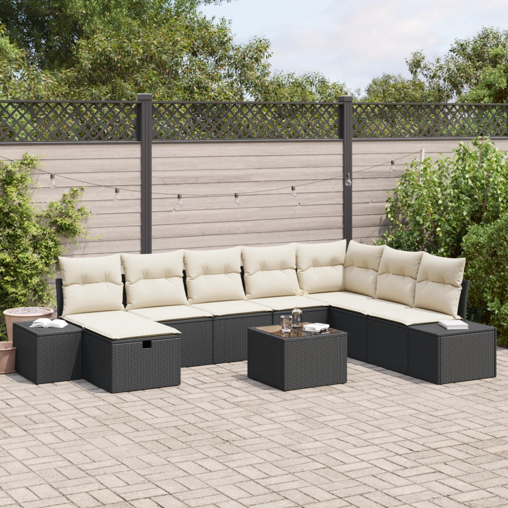 Set di 9 Pezzi Divano da Giardino con Cuscini Nero Rattan Sintetico