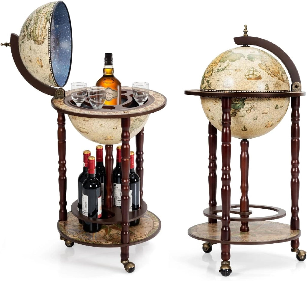 Portavino a Mappamondo, Portabottiglie a Forma di Mappamondo, Scaffale per Vino con Ruote,Porta Liquori Stile Retrò, Supporto per Bottiglia in Legno, 88 x 45 x 45cm