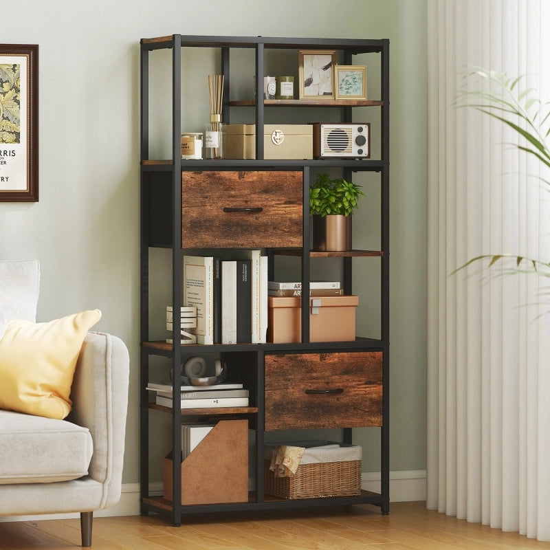 Libreria/scaffale contenitore con 2 cassetti in tessuto, 9 scomparti aperti, struttura in acciaio, Rustic Brown