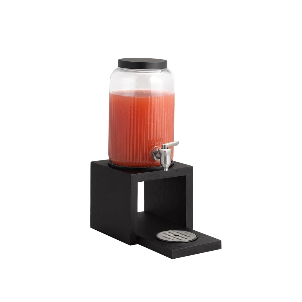 Dispenser per bevande "VALO" con caraffa in vetro (3,8 l), base in rovere nero, rubinetto e griglia antigoccia in acciaio inossidabile