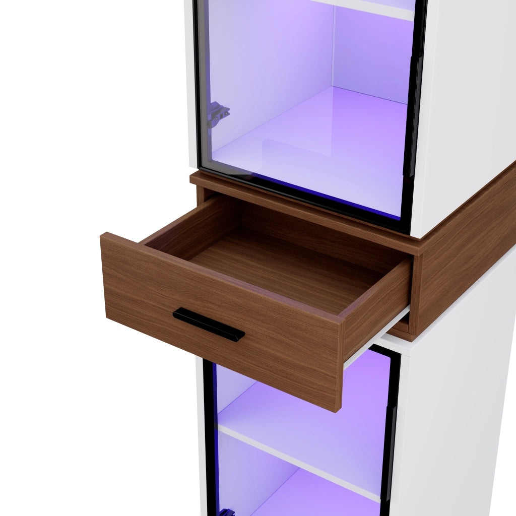 Vetrina in mdf con led e 2 ante in vetro temperato, 1 cassetto, per soggiorno e studio, bianco, 40 × 40 × 200 cm