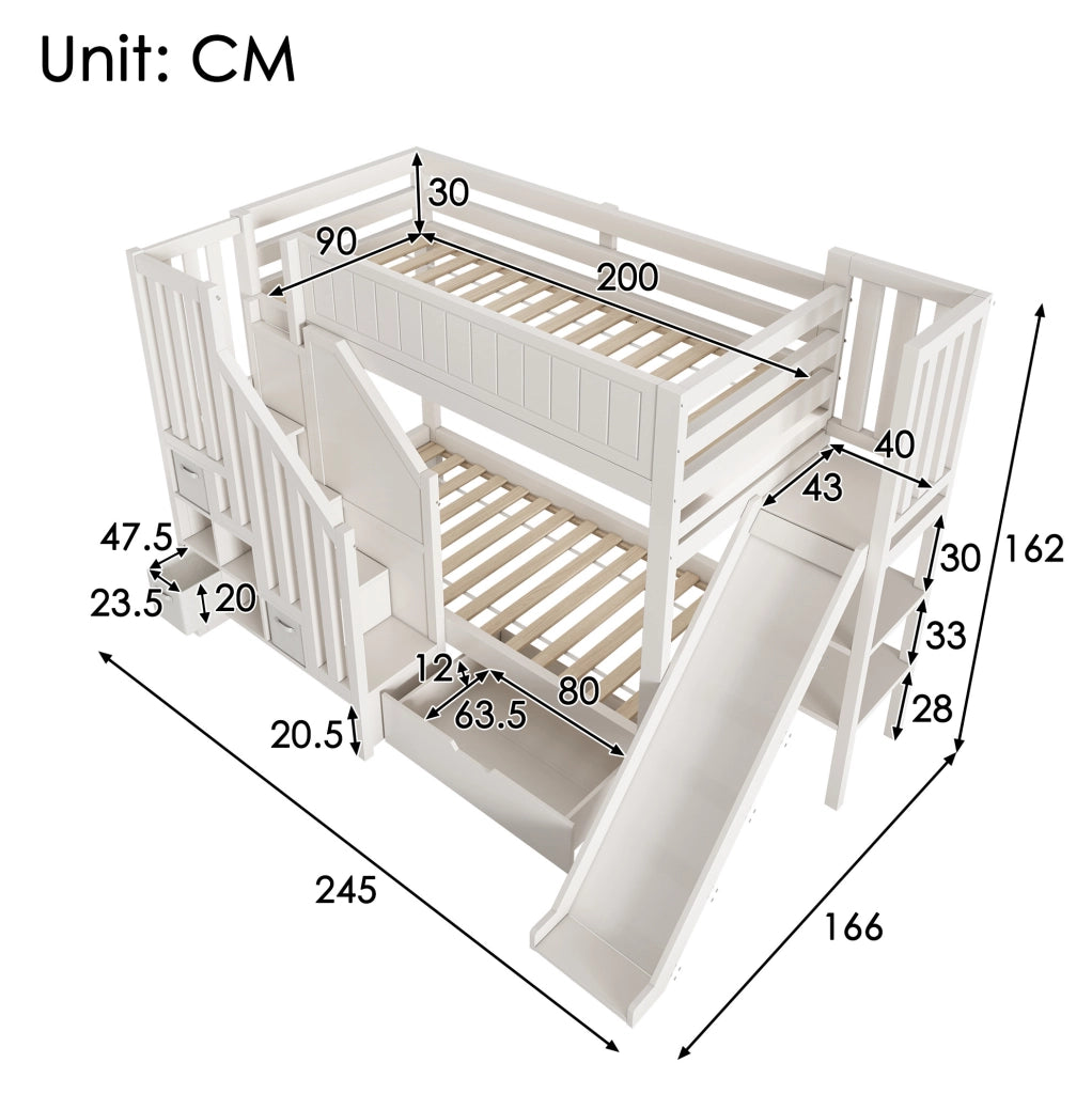 Letto a castello per bambini 90x200 cm con scivolo; scala contenitore e cassetti; bianco