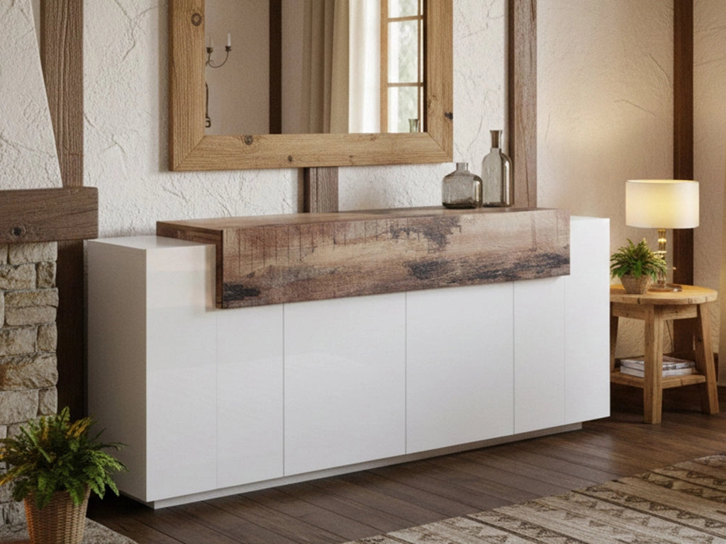 Credenza moderna a 5 Discordia, Made in Italy, Madia da cucina, Buffet di design da soggiorno, cm 200x45h86, colore Bianco lucido e Acero