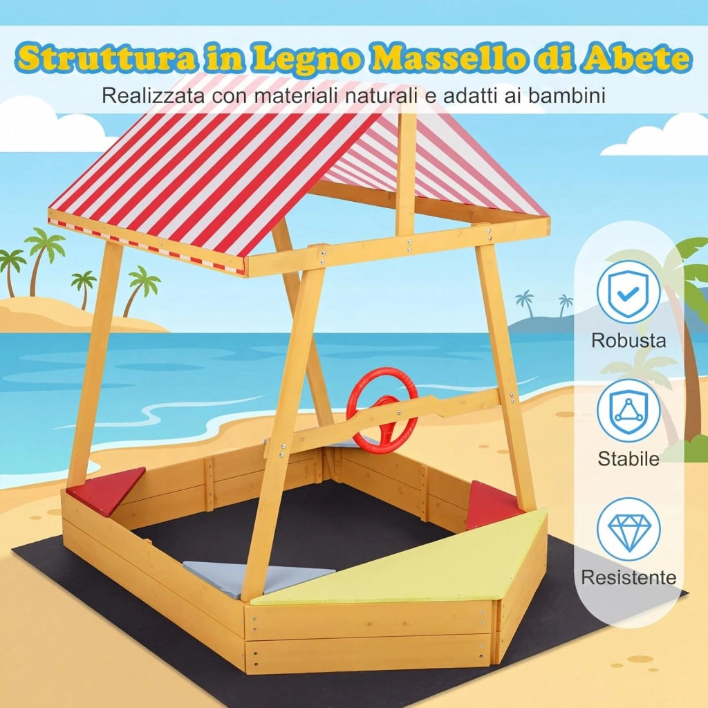 Sabbiera per Bambini in Legno Massello, Sabbionaia con Tetto Parasole, Panca Sedile e Fodera, Forma di Barca, per Esterno, Spiaggia, Cortile e Giardino, 135x103x140 cm