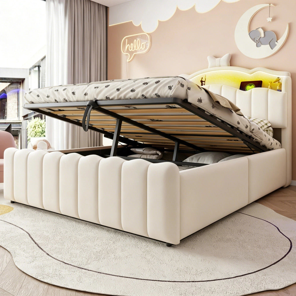 LETTO 140x200 cm imbottito in velluto beige con LED, USB, USB-C e vano contenitore