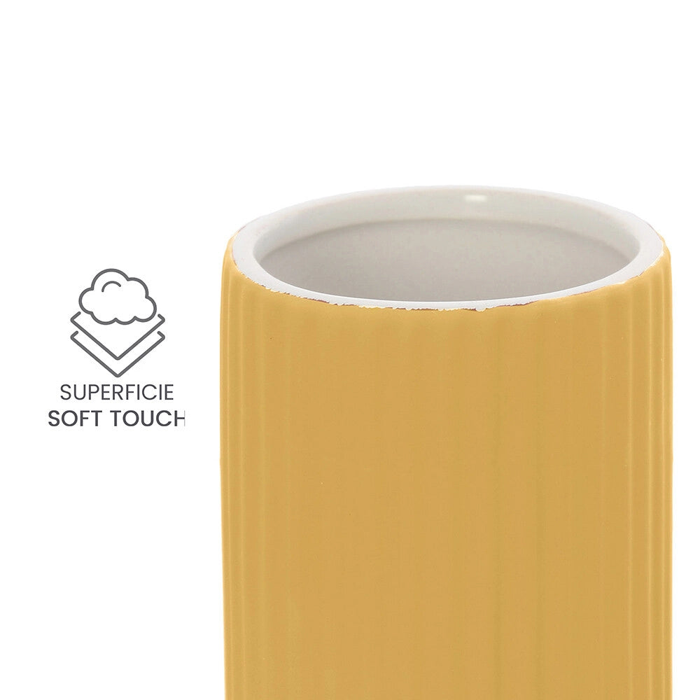 Set accessori bagno in ceramica giallo con dispenser sapone e due portaspazzolini Spring
