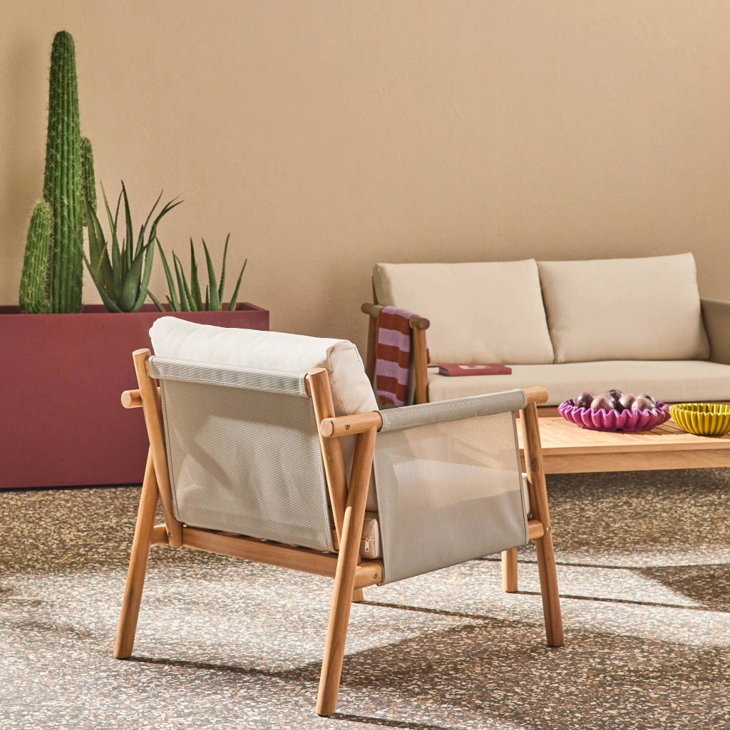 Salotto da giardino in legno di acacia e tessuto beige, 4 posti, beige