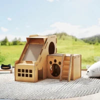 Tiragraffi in Cartone per Gatti a Forma di Castello 2 in 1, con 2 Aree di Graffiatura 67x66x57 cm Marrone