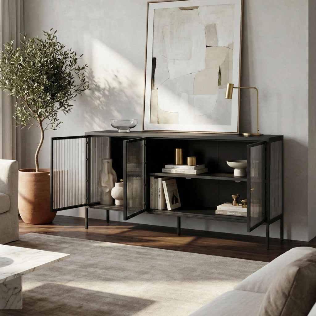 Mobile TV Vinterhavn Credenza in Acciaio Nero con 3 Ante in Vetro Scanalato 80x150x40 cm [en.casa]