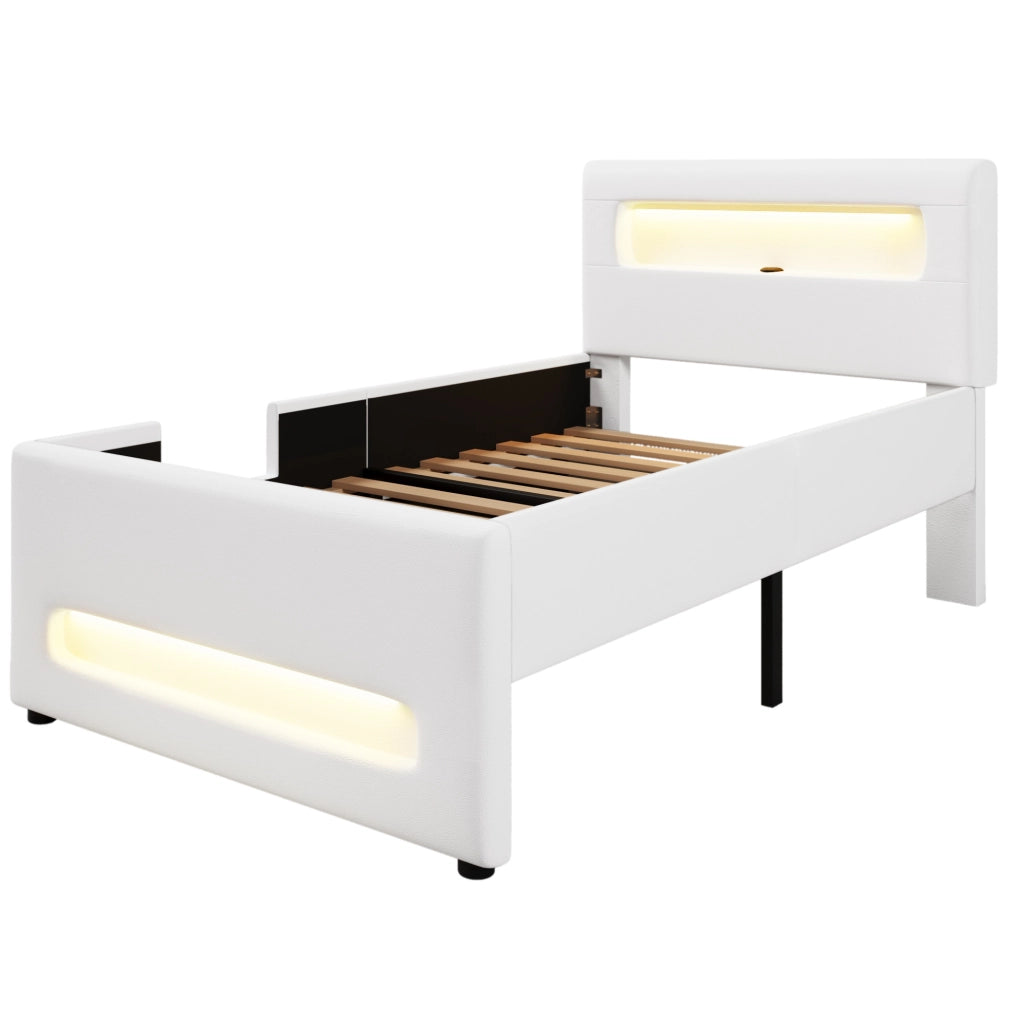 Letto imbottito con cassetto; luci LED e rivestimento in PU; 90x200 cm; bianco