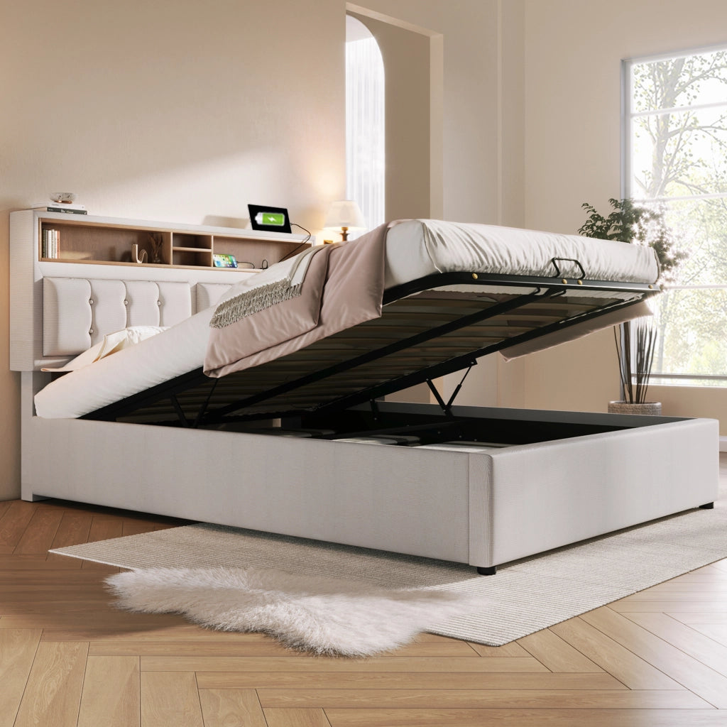 LETTO Contenitore 140x200 cm in lino beige con testiera regolabile e USB