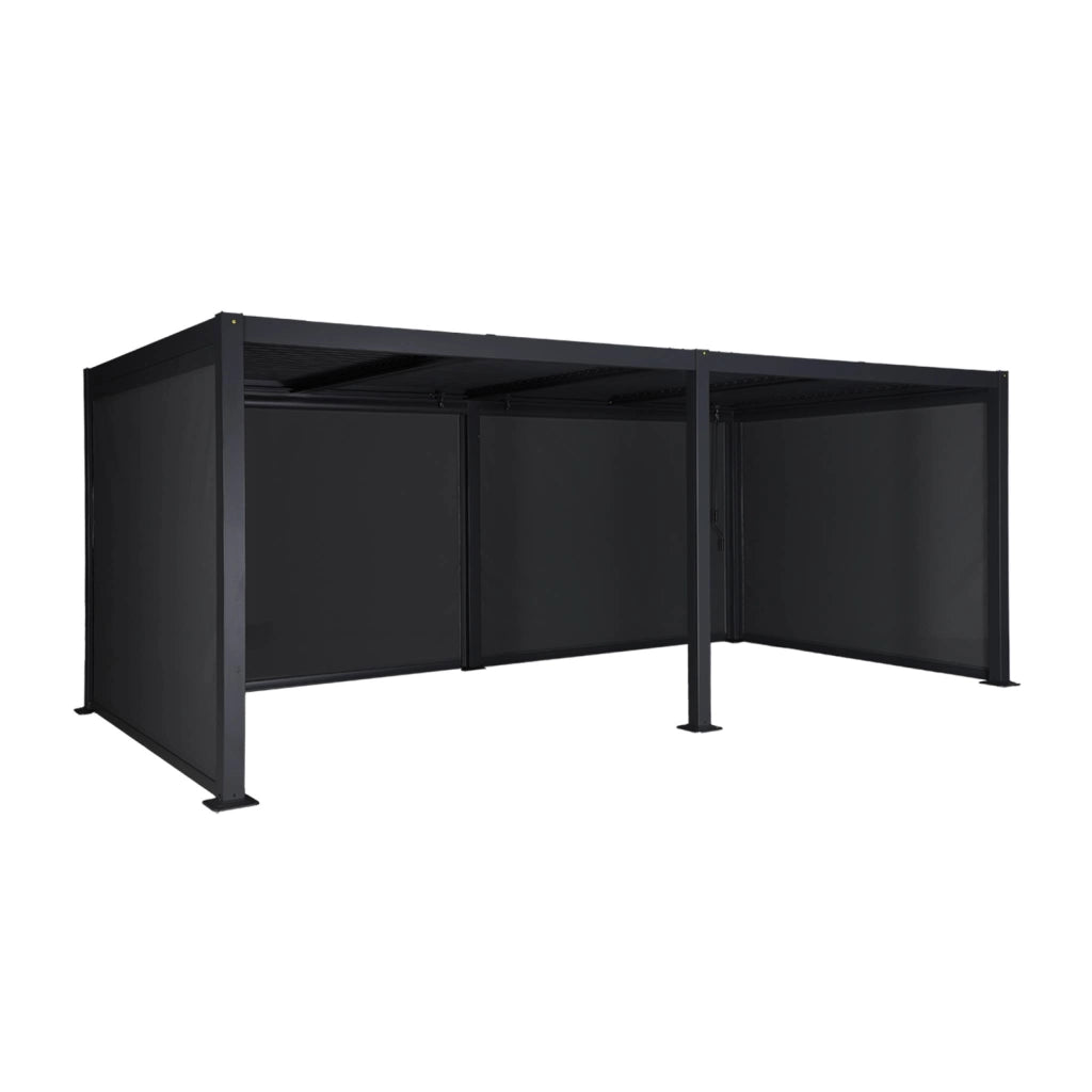 Pergola bioclimatica 3x6m in alluminio e acciaio + 4 tende 3m, nero
