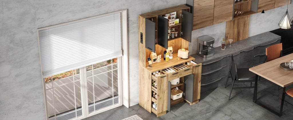 Dispensa alta con LED e presa, 4 vani aperti e ripiani regolabili per cucina, in MDF nero naturale, 100 × 40 × 180 cm
