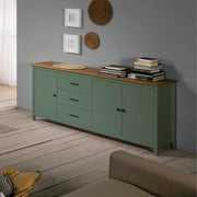 Credenza Miranda in legno massiccio colore verde e pino 191x40x80H - 3 Ante e 3 cassetti