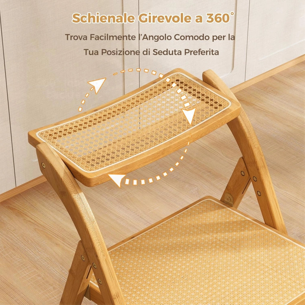 Set di 2 Sedie Pieghevoli in Rattan, Sedie da Sala Pranzo in Bambù con Schienale Rotolante, Sedie Stile Boho Senza Necessità di Montaggio, Capacità di 150 kg, per Cucina e Soggiorno, Naturale