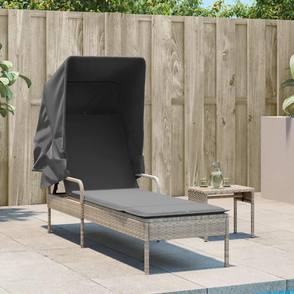 Sdraio da giardino | Lettino con Baldacchino e Tavolino Grigio Chiaro in Polyrattan
