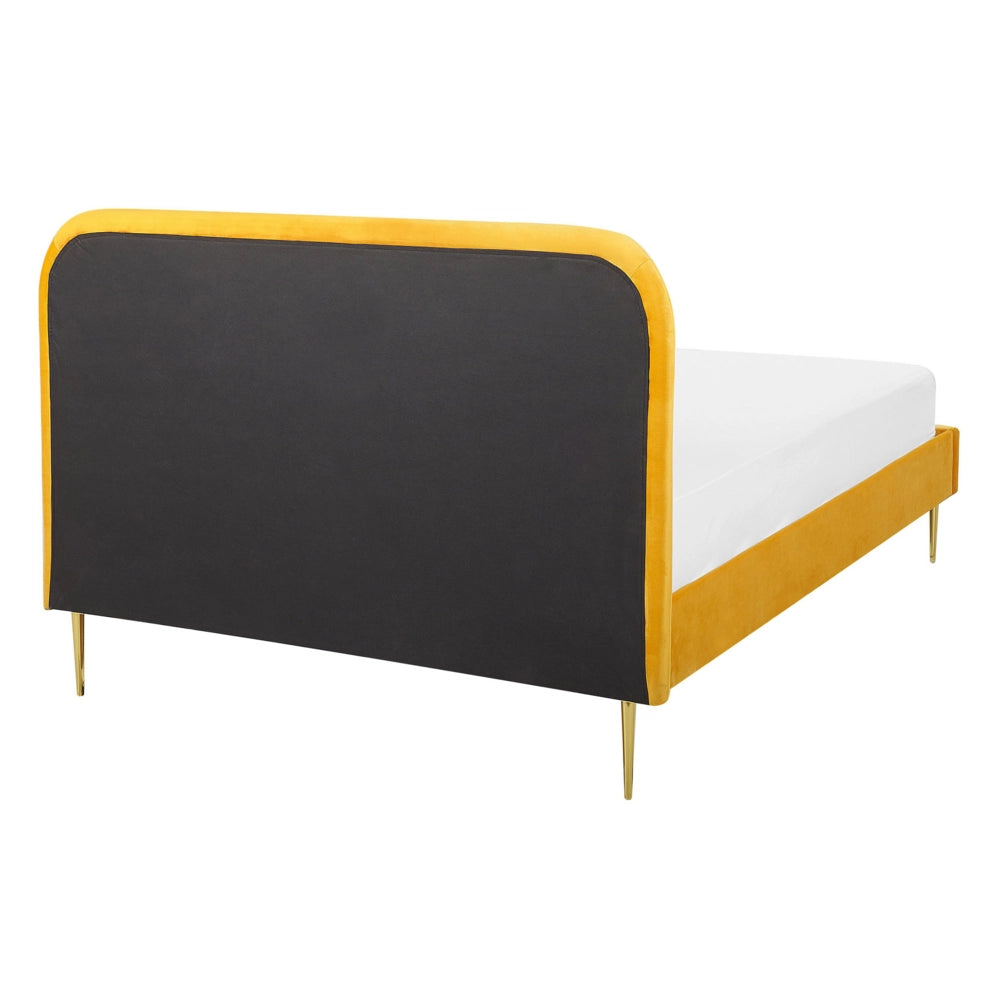 Letto in velluto giallo tappezzeria doppia dimensione gambe dorate testiera con rete a doghe 140 x 200 cm design minimalista