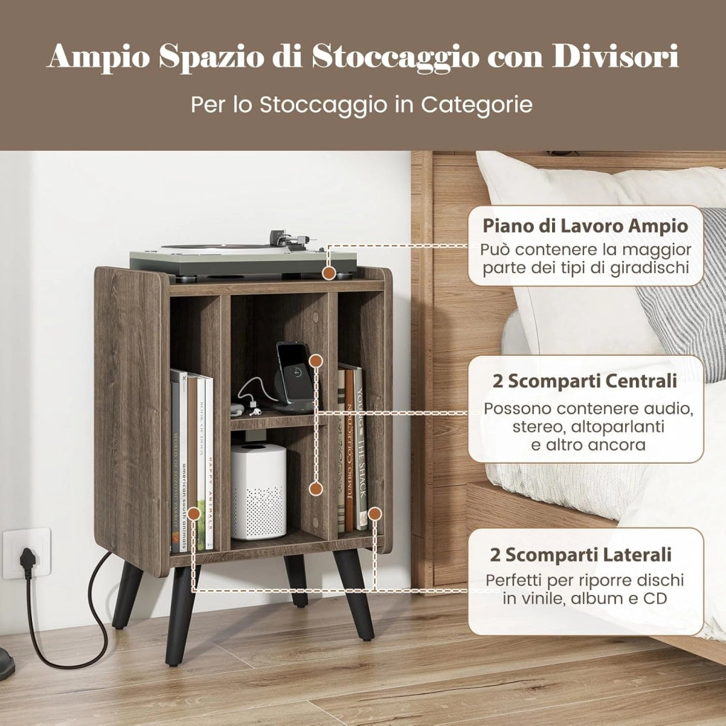 Supporto per Giradischi, Porta Vinili con 4 Ripiani Aperti, Presa di Corrente e Porta USB, con Mensole Espositive, per Soggiorno, Camera da Letto e Ufficio, 43 x 34,5 x 67,5 cm (Grigio)