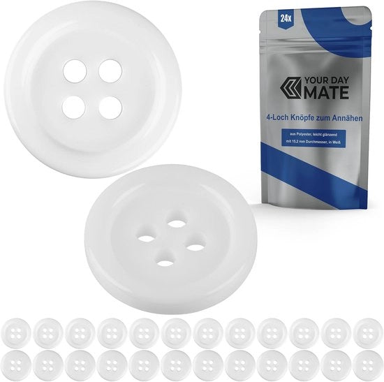 Chiusure per abbigliamento, 24 pezzi, 4 fori, Ø 15,2 mm, in bianco, realizzate in poliestere, misura 24L, chiusure per giacche, cappotti, camicie, polo, DIY-chiusura in resina sintetica, chiusure per lavaggio, chiusura base, chiusure per hobby