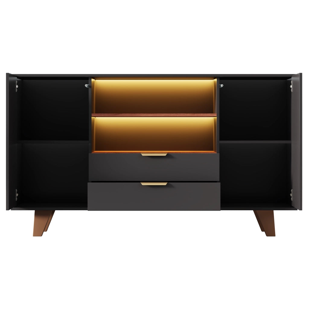 Credenza con 2 cassetti; ripiani regolabili e LED - per cucina - in MDF - 150×40×90 cm - naturale e nero