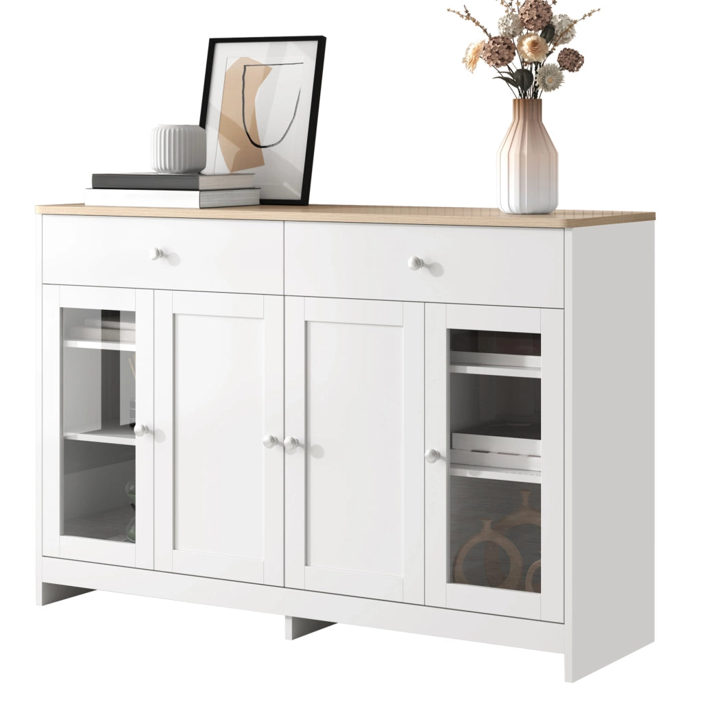 Sideboard rustico 120 cm con 2 cassetti; 4 ante e ripiani regolabili; bianco e legno