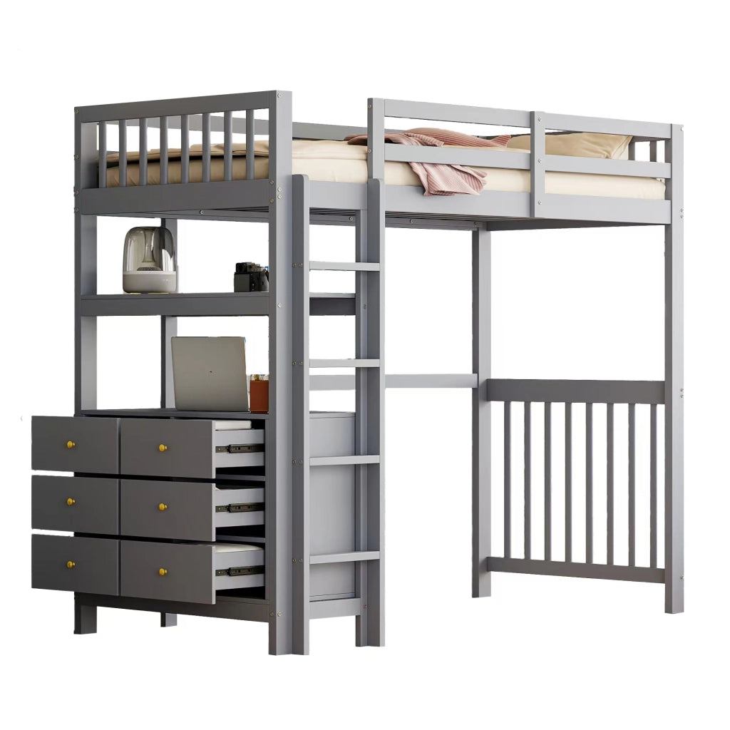 OKWISH Letto a Soppalco 90×200 cm, Letto Singolo con Scala Verticale, 6 Cassetti, Mensole e Sponda di Sicurezza, senza Materasso, Grigio
