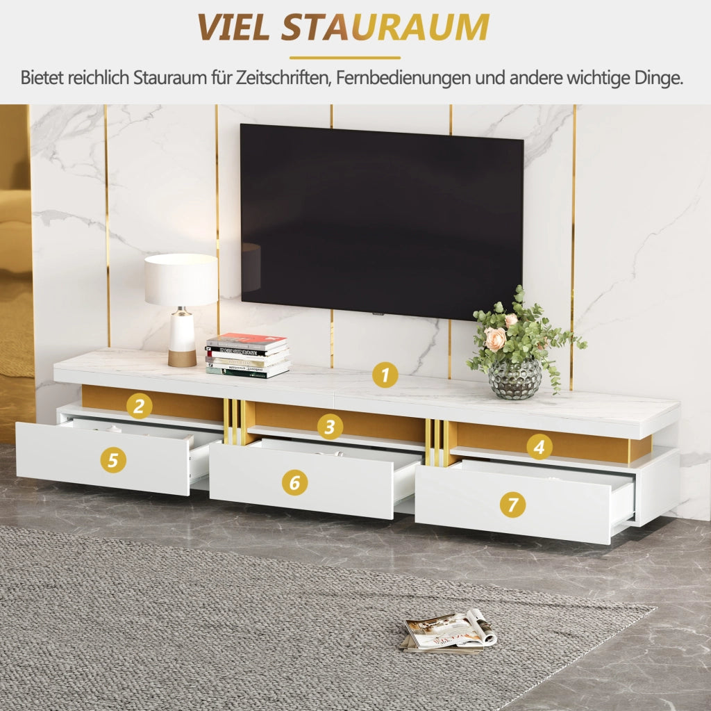 Mobile TV 200x40x42 cm effetto marmo; 3 cassetti; bianco