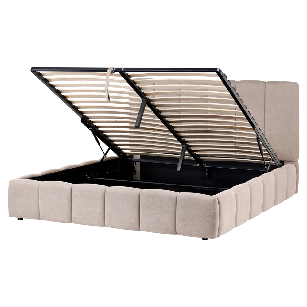 Letto matrimoniale contenitore con trapuntatura verticale in tessuto tortora 160x200 cm struttura sollevabile e testiera alta