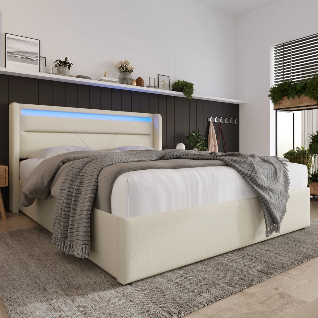 Letto matrimoniale contenitore 140x200 cm in PU bianco con testiera LED e sollevamento idraulico