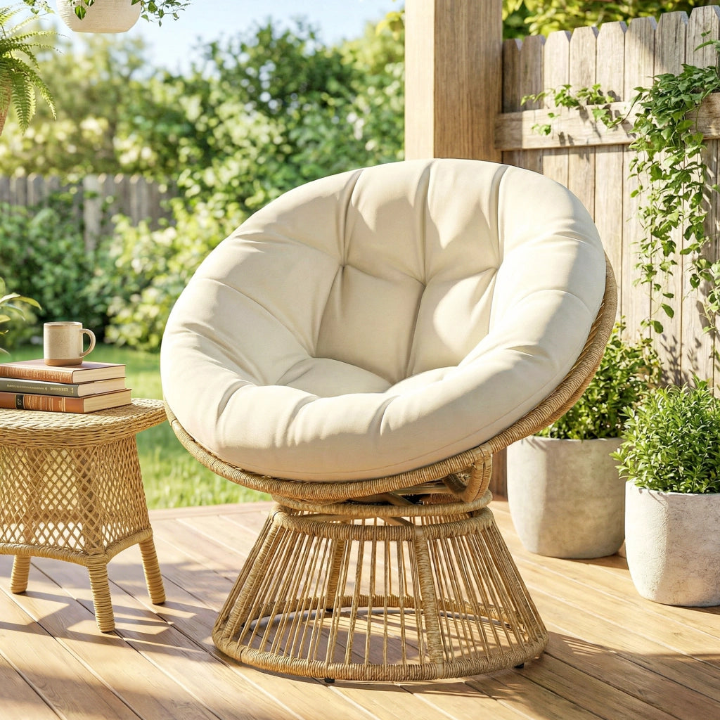 Poltrona a dondolo girevole 360' in vimini con cuscino ¨C zephmum ¨C crema